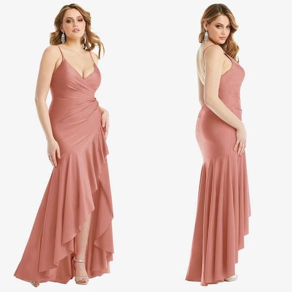 NWT CYNTHIA & SAHAR Stretch Satin Pleated Wrap Ruffled High Low Maxi Gown XS - Picture 2 of 4